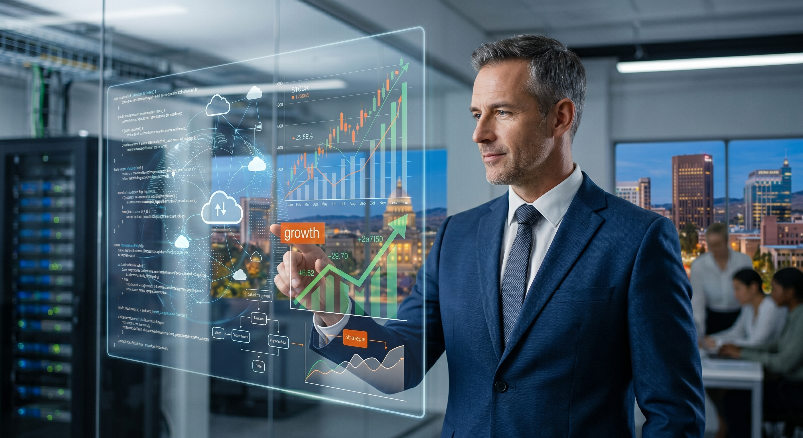 Fractional CTO reviewing growth dashboards with the Boise skyline in the background