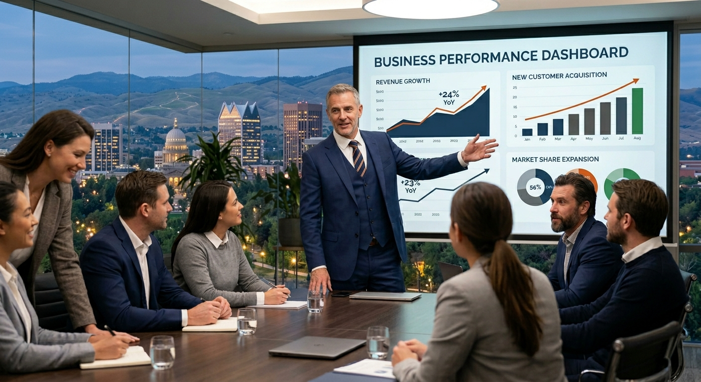 An IT leader presenting business outcome charts to an engaged executive team in a conference room, with a Boise skyline in the background