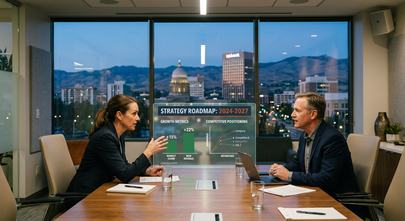 A CEO and a CIO across a conference table reviewing a growth roadmap projected between them, with a Boise skyline in the background