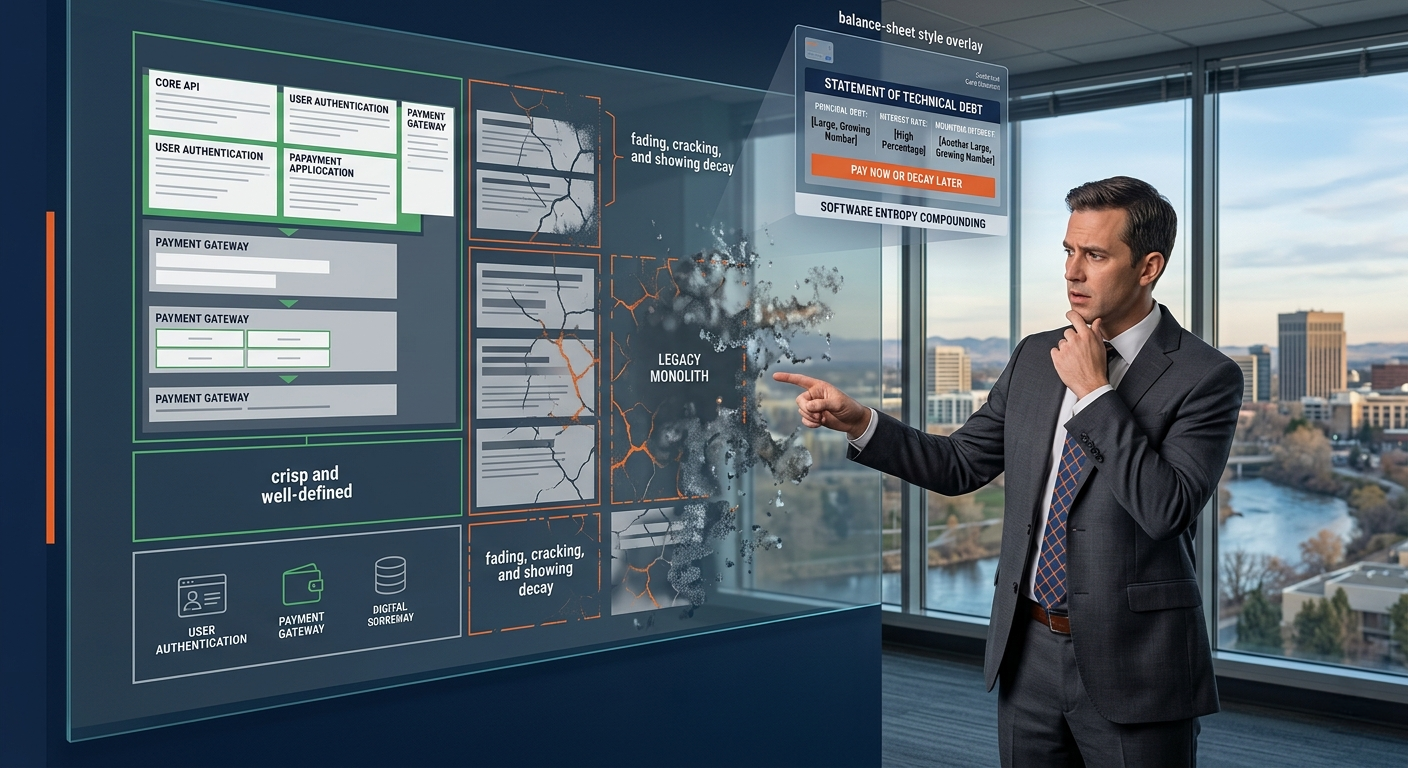 An executive standing in front of a software architecture diagram with decaying sections representing software entropy, with a credit-card-debt overlay reinforcing the analogy