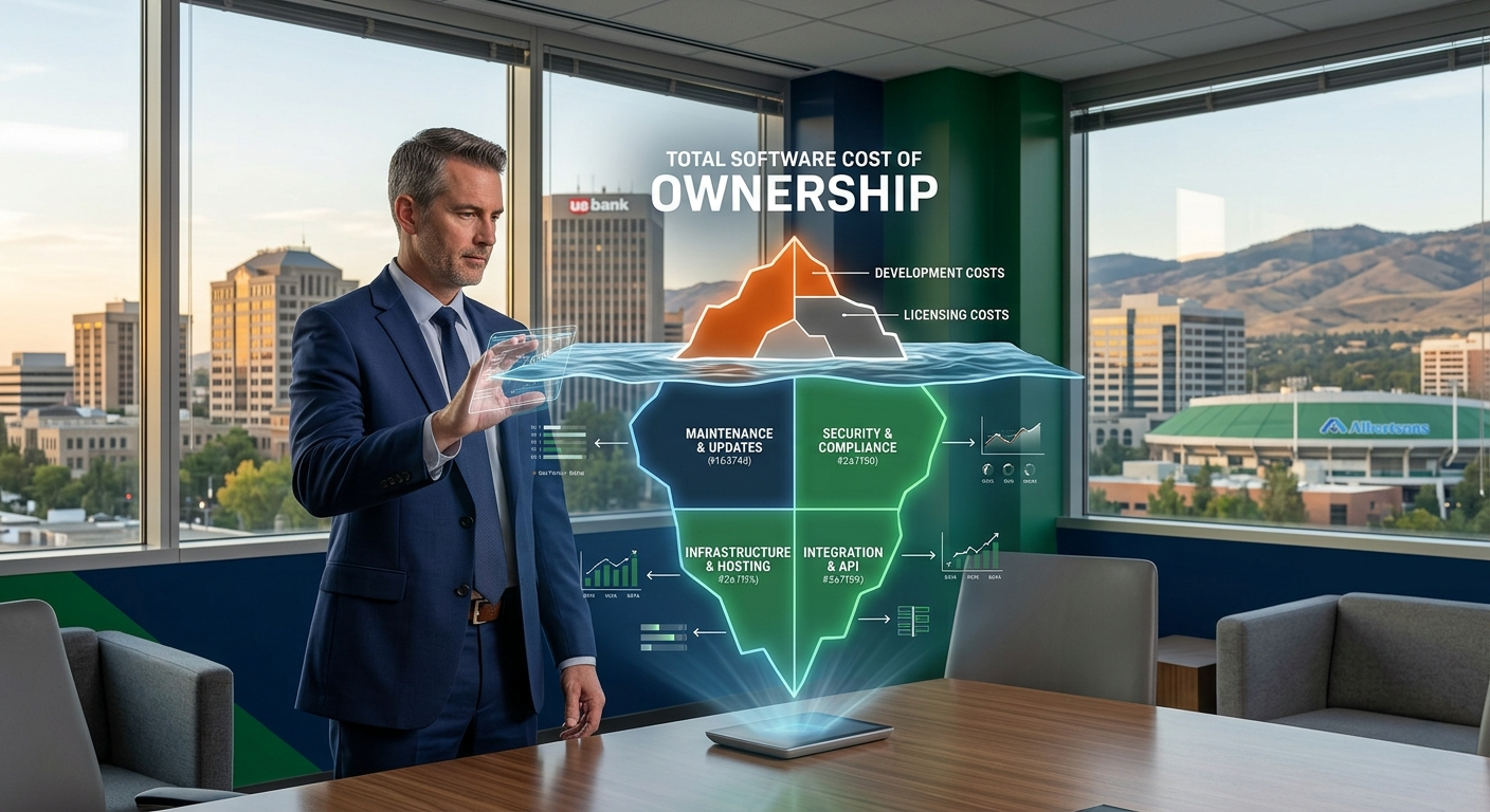 An executive reviewing an iceberg-style dashboard showing visible development costs above the waterline and much larger hidden maintenance and operational costs below