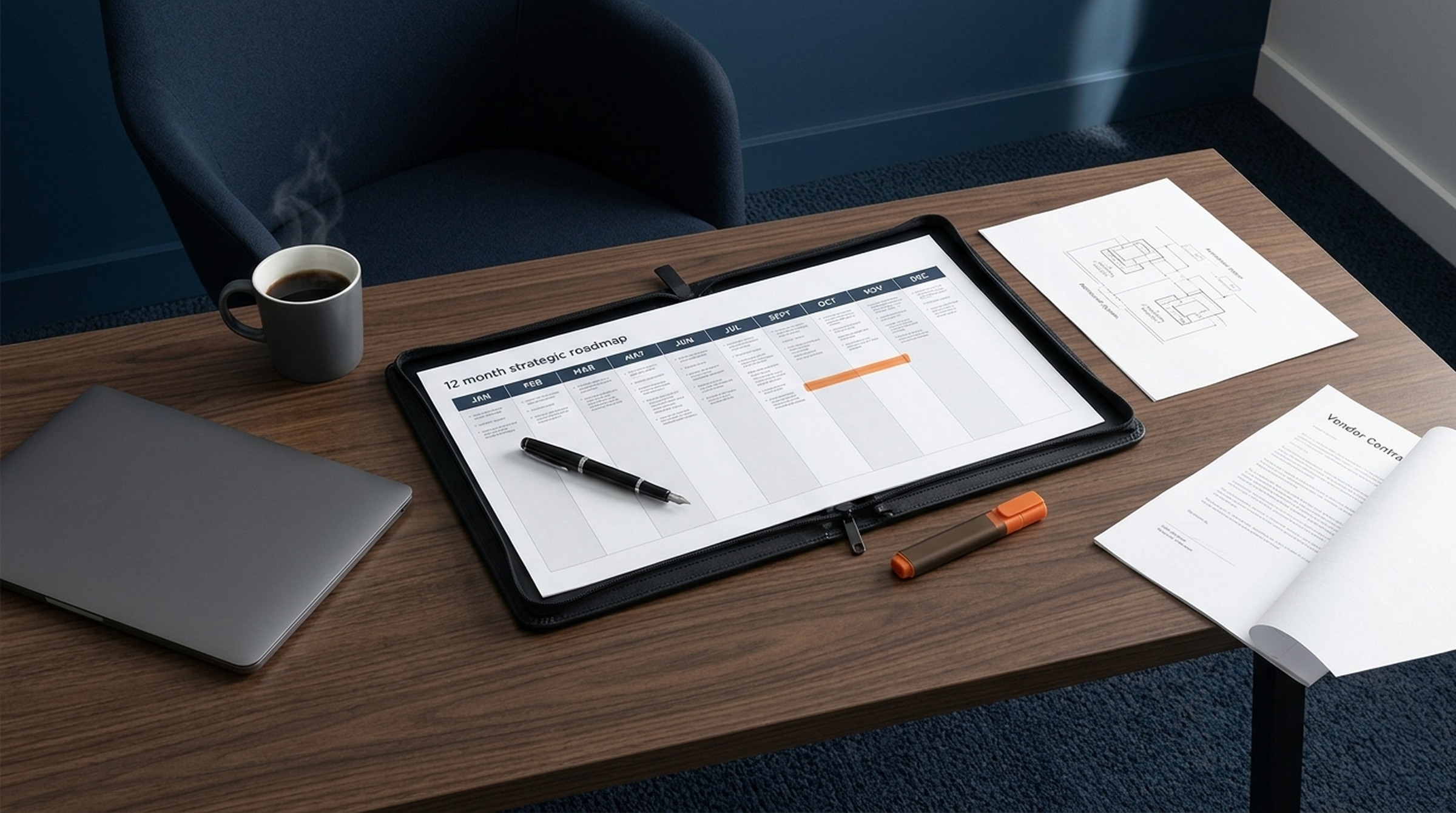 An executive desk between meetings, a leather portfolio open to a printed twelve-month technology roadmap, with a single orange-tipped pen resting beside it
