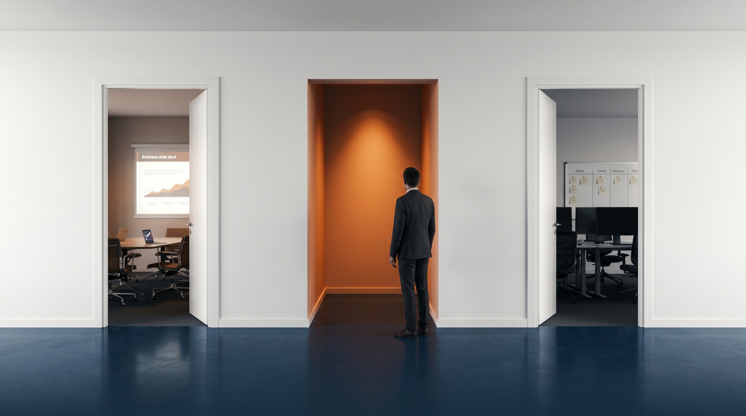An executive standing at the threshold of a third doorway opening between two existing doors labeled strategy and execution, warm light spilling from the new opening