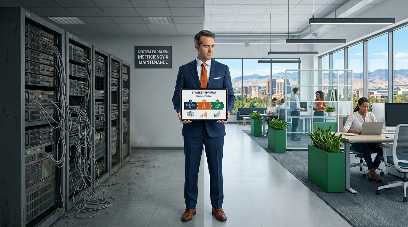 An executive standing between an aging data center and a modern workspace, weighing whether to replace the system or evolve it