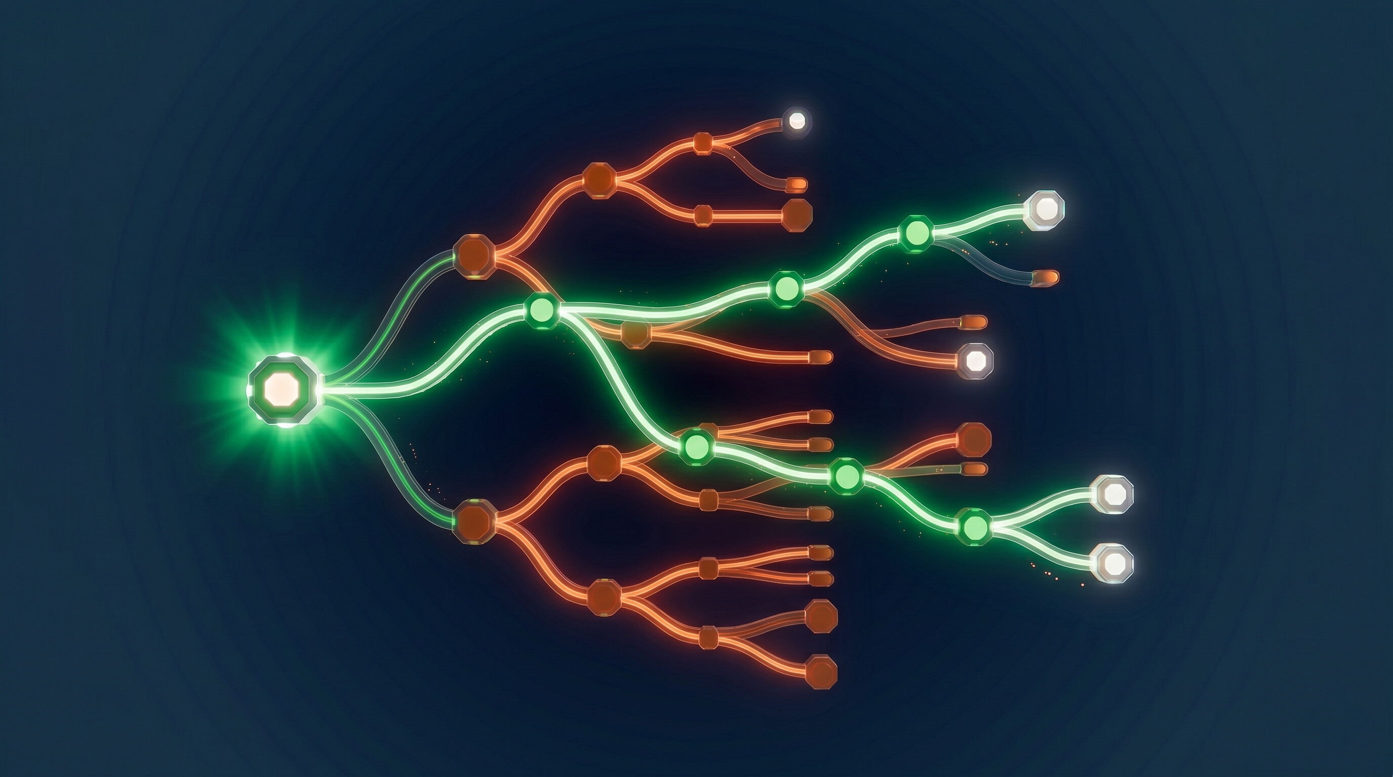 Stylized 3D rendering of a decision tree, with one bright pathway lit through branching alternatives