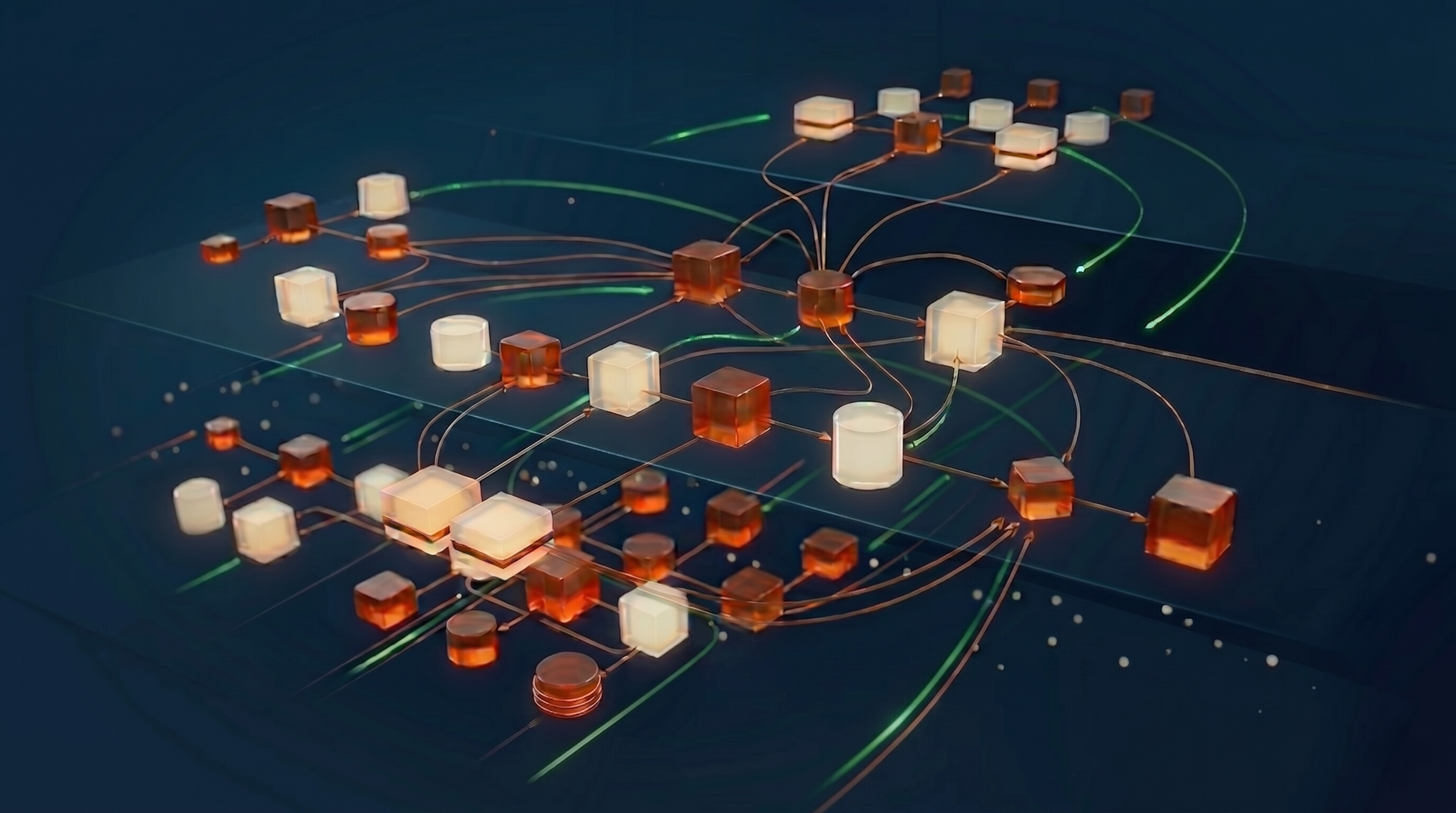 Stylized 3D rendering of a modern software system architecture, with services and data flows visualized as a connected network of nodes